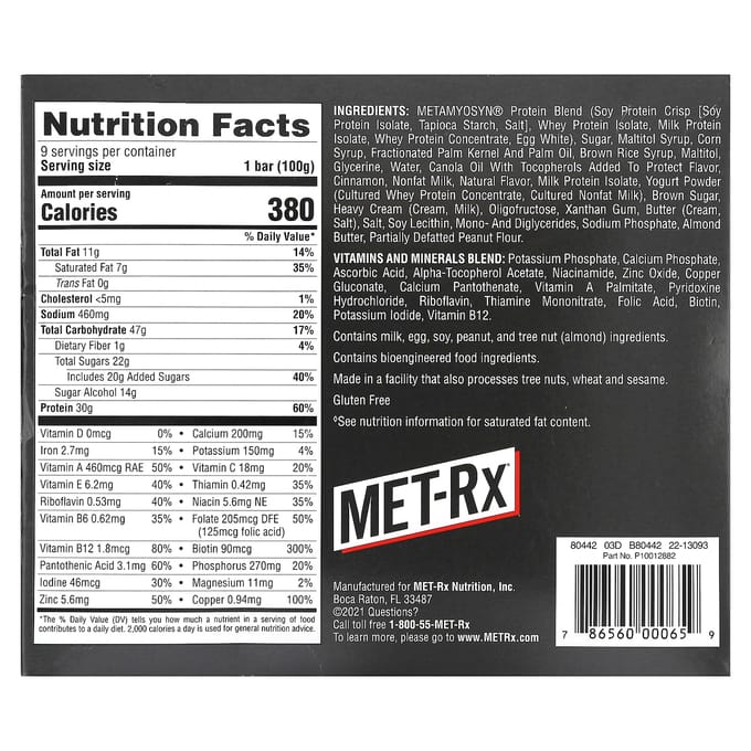 MET-Rx, Big 100, Barre de remplacement de repas, Churro Caramel Vanille, 9 barres, 3,52 oz (100g) Chaque