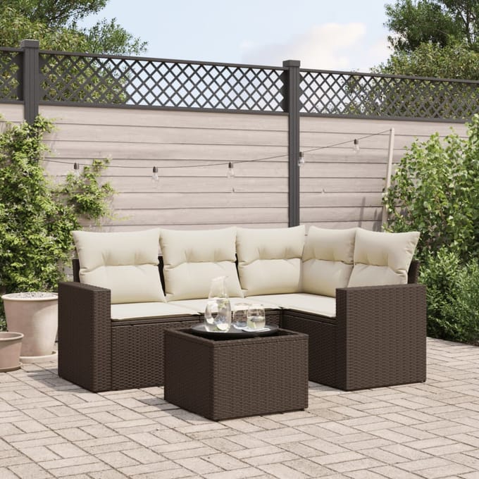vidaXL - 5-delige - Loungeset - met - kussens - poly - rattan - bruin