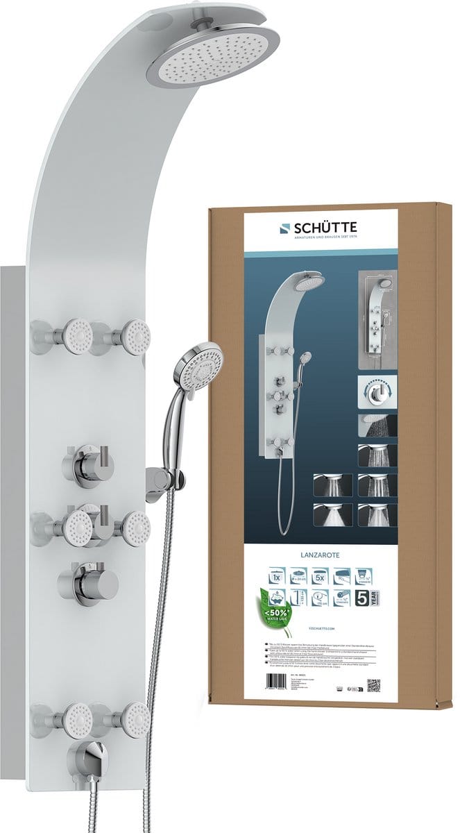 SCHÜTTE LANZAROTE Douchepaneel - Met Thermostatische Douchekraan - 6 Massage Sproeiers - Glas - Wit