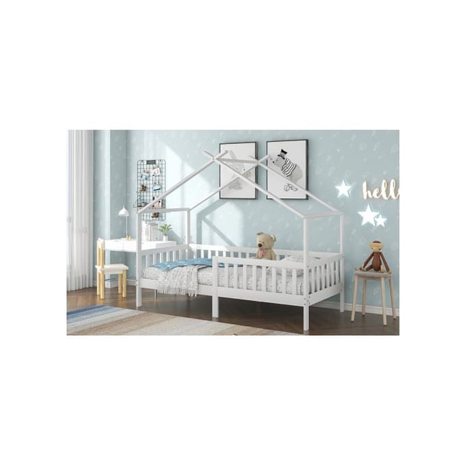 Lit enfant - MUVOE - Bois massif - 200x90 cm - Blanc - Garde-corps inclus blanc