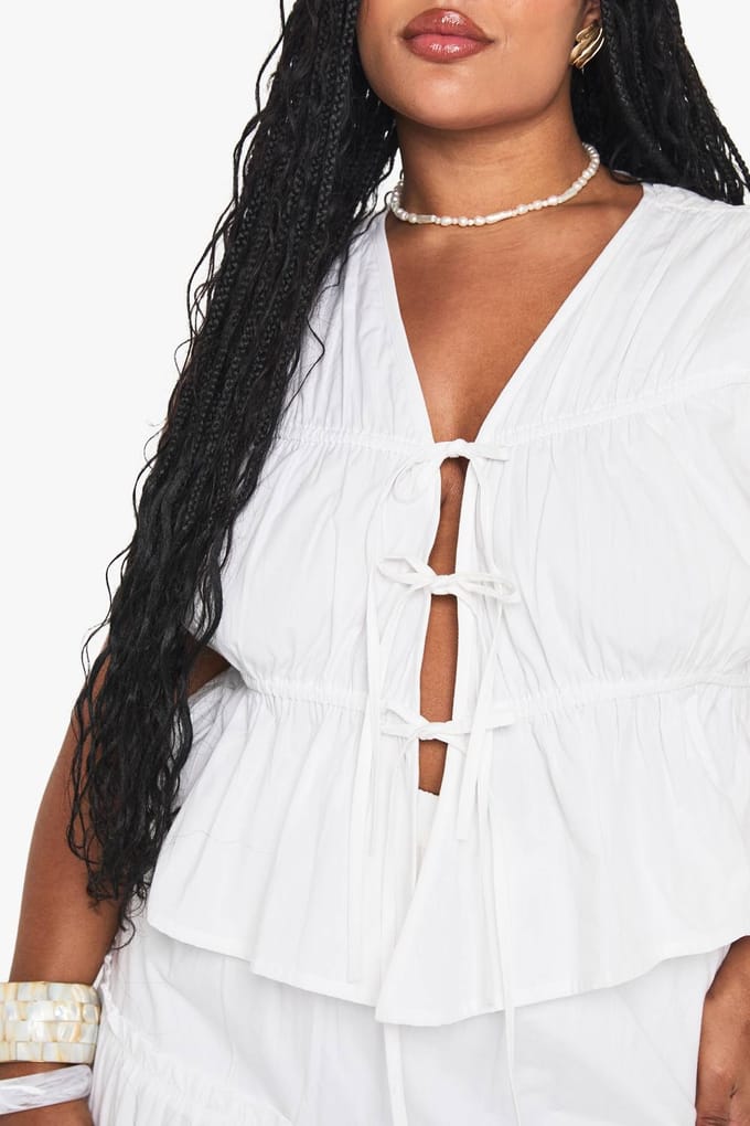 boohoo Dames Plus Katoenen Vest met Strik Vooraan | White | Maat: 26