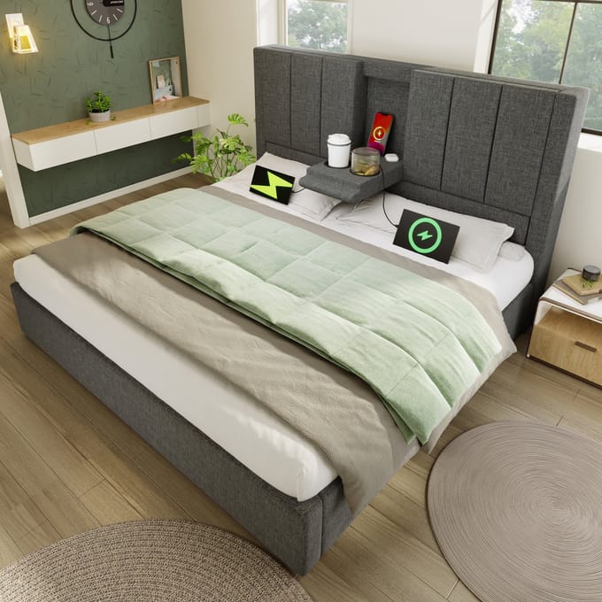 MODFU Bedframe 180x200 cm – Met opklapbare hoofdsteun, 3x USB, 1x Type-C en hydraulische opbergruimte – Grijs linnen