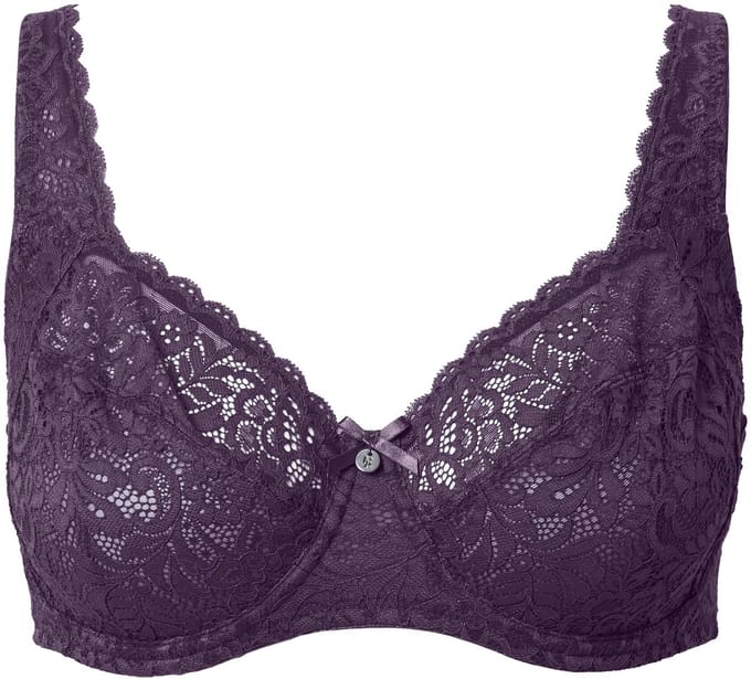 Ulla Popken - Dames - Beugelbeha gebloemd kant zuiver kant - Aubergine - Maat 110F