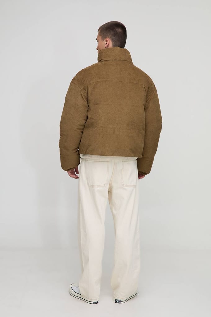 Boxy Fit Textured Velour Funnel Neck Puffer Jacket | Tan | Size Medium