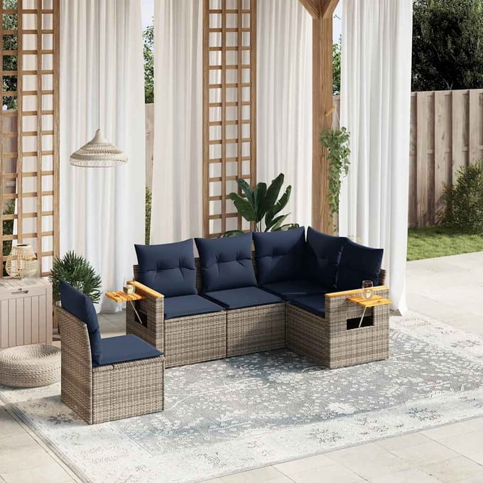 vidaXL - 5-delige - Loungeset - met - kussens - poly - rattan - grijs