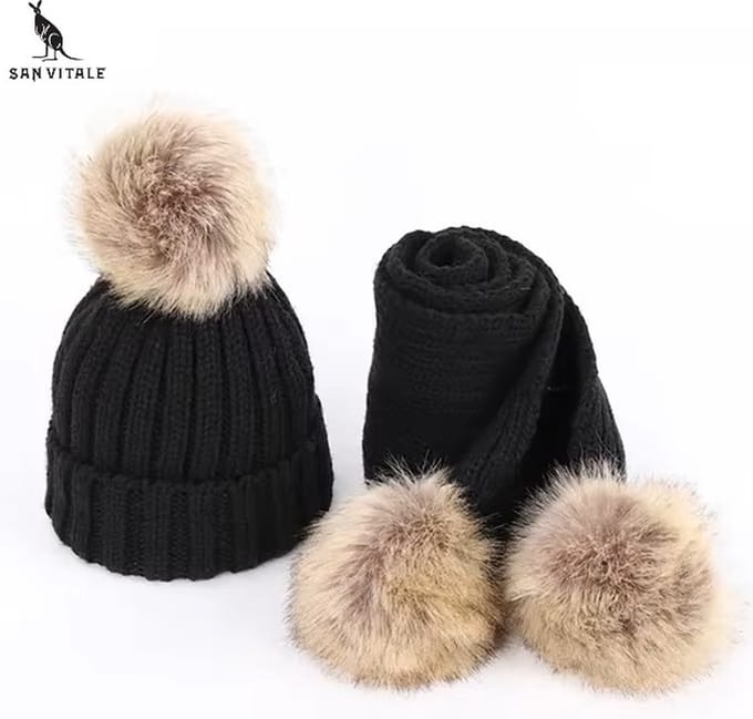 San Vitale® - Kindermuts en Sjaal - Winter set - Wintermuts - Pompom - Zwart