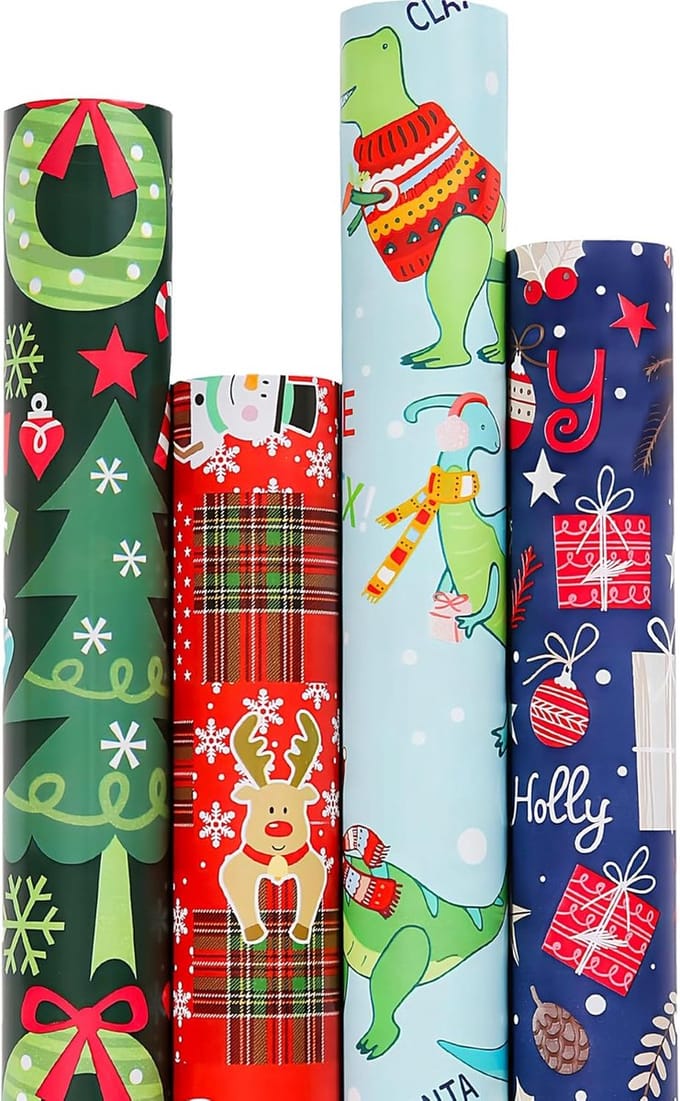 Kerstinpakpapier - Cadeaupapier Rollen - Geschenken Inpakken - Recyclebaar Papier - 4 Rollen - Multicolor