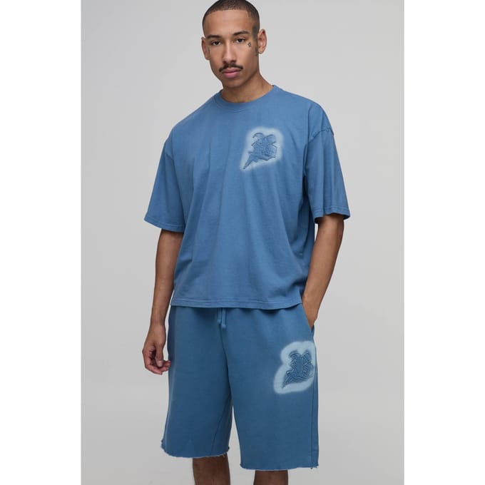 Oversized Boxy T-shirt En Short Set Met B Applicatie En Washed Afwerking | Blue | Size Medium