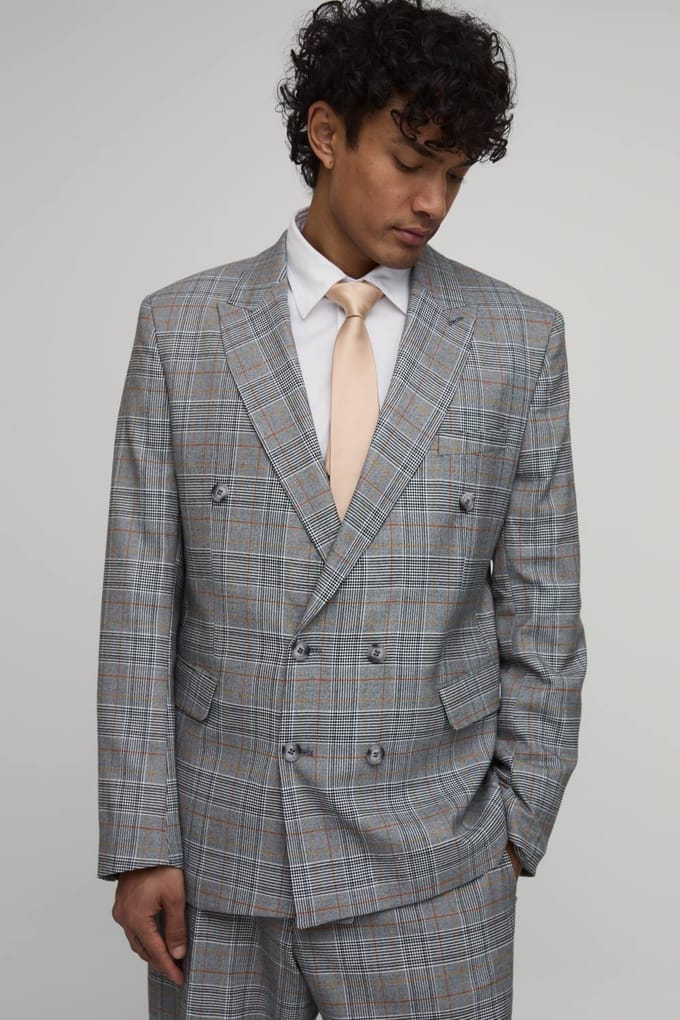 Checked Relaxed Fit Double Breasted Blazer | Grey | Size 48