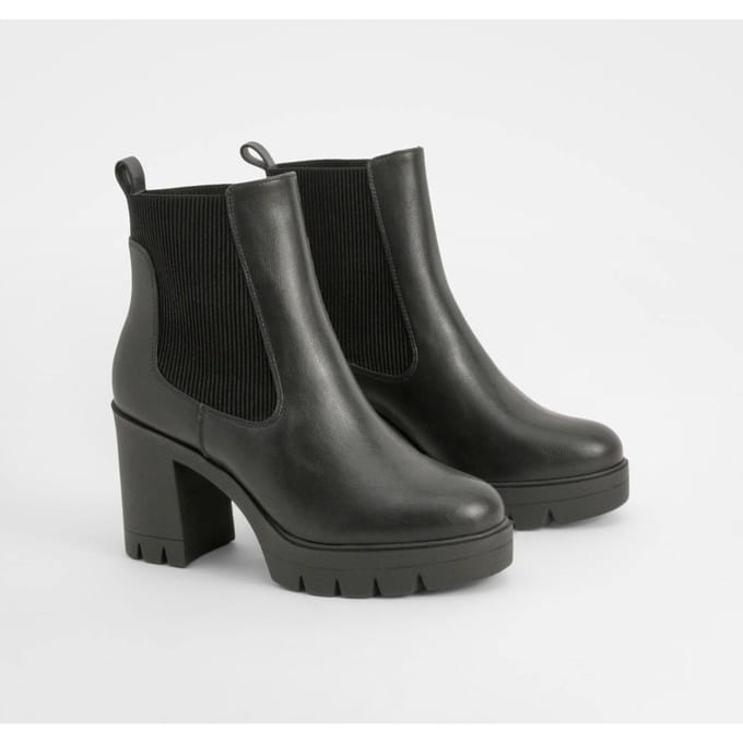 boohoo Dames Brede pasvorm, getextureerde Chelsea-laars met chunky hak | Zwart | Maat: 40