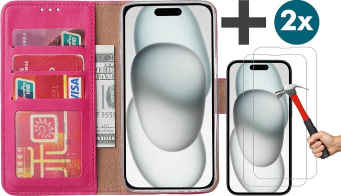 Hoesje met 2 Stuks Screenprotectors Geschikt voor iPhone 15 – Arara bookcase met pasjeshouder - Roze