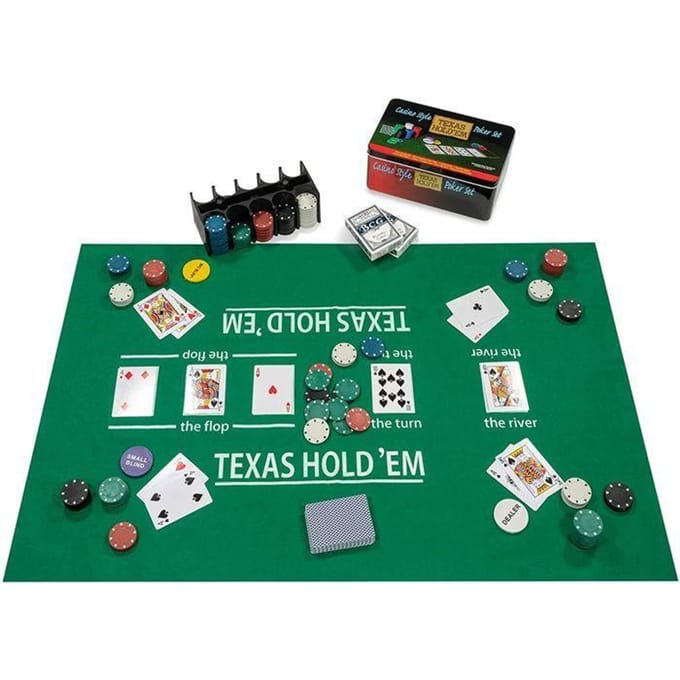 Pokerset Compleet - 200 Chips 4 gram - Speelkleed - 2 Kaartenstokken - Dealer & Blind Buttons - Tinnen Doos - Engelhart