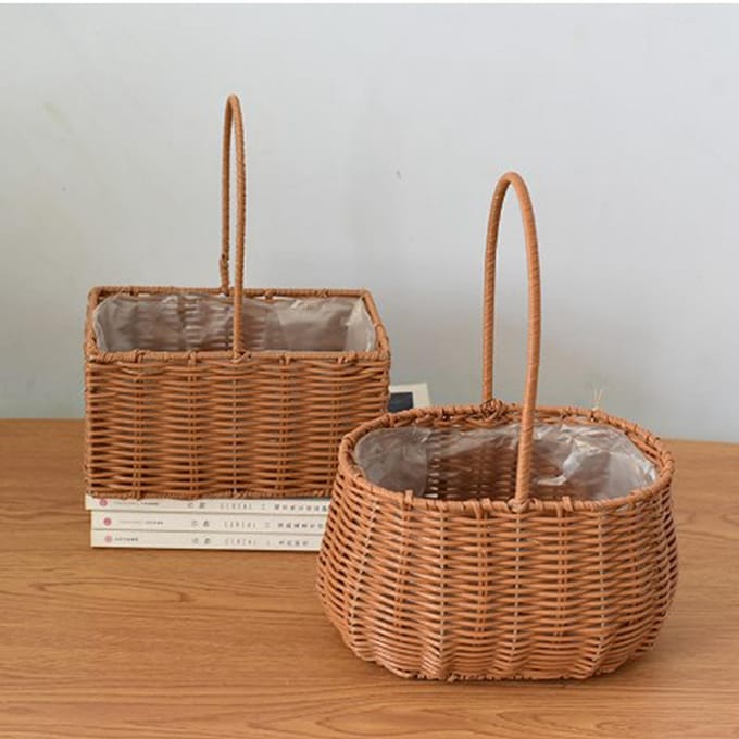 Draagbare Geweven Mand met Handvat PP Rotan Handgeweven Wasmand voor Fruit Groenten Cadeaus brown