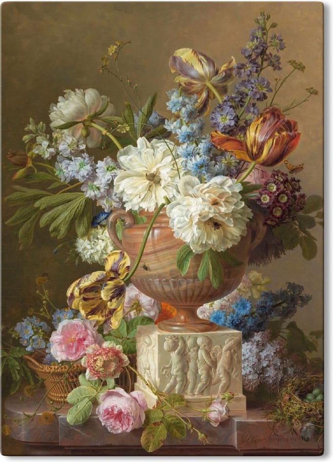 Canvas Schilderij Bloemstilleven met albasten vaas - Gerard van Spaendonck - 50x70 cm