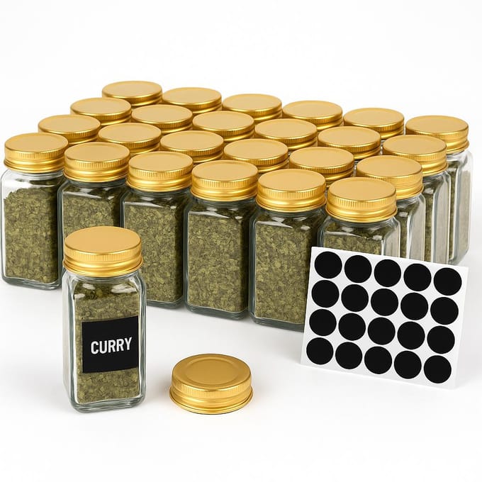 Set glazen kruidenpotjes 24 stuks organizerpotjes goud