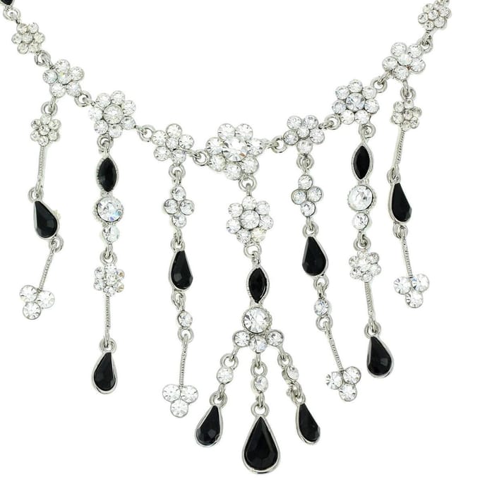Behave - Ketting met bloemen en stenen - Zwart en wit - 41 cm