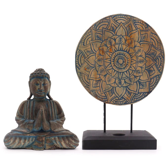 Boeddha Feng Shui Set - Bloem Mandala - Blauw - Hand Gemaakt - Duurzaam Albasia Hout
