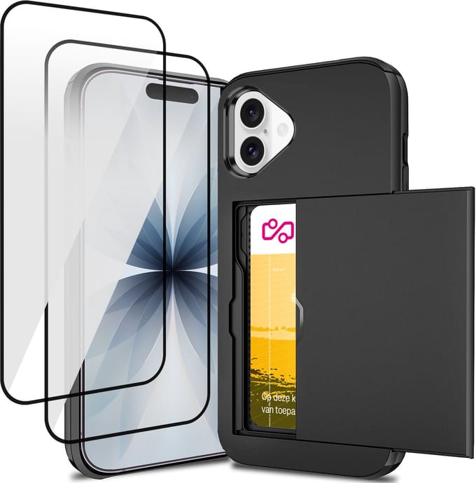 Hoesje met Pasjeshouder geschikt voor iPhone 17 - 2x Screen Protector FullGuard - Back Cover SlideCase Zwart & Screenprotector
