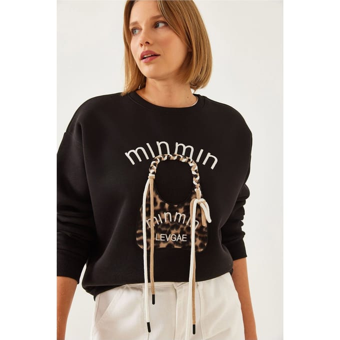 Geborduurd Luipaard Patroon Sweater met Ronde Hals