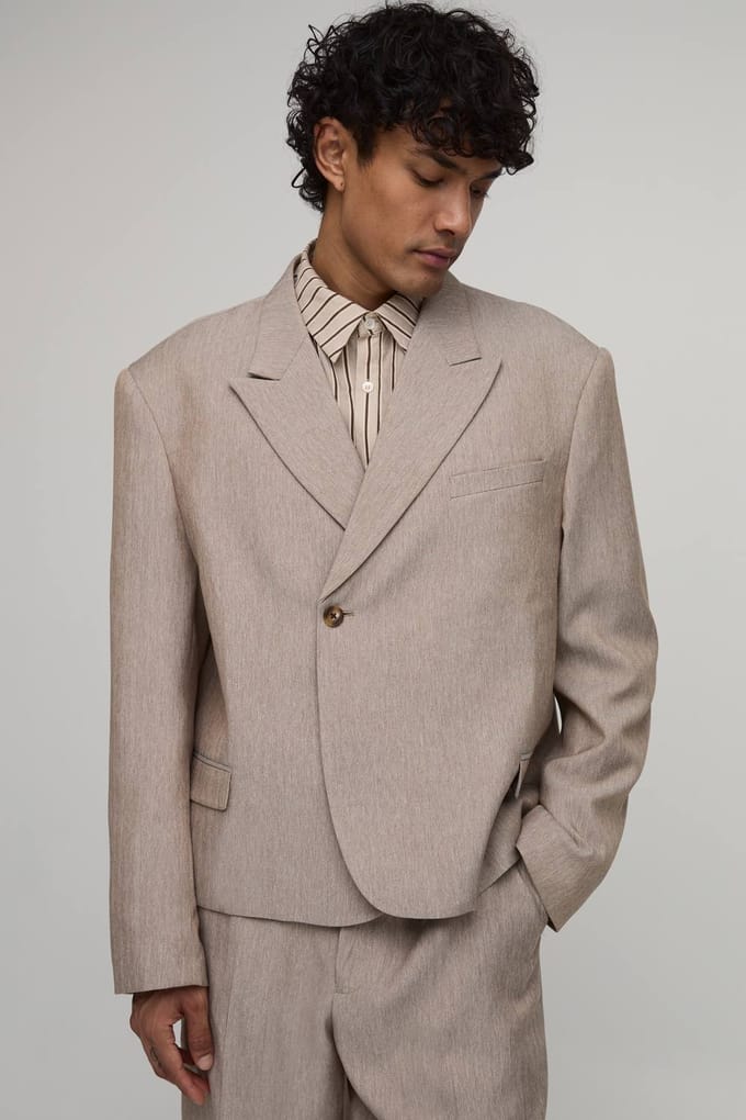 Oversized Boxy Visgraat Blazer Met Enkele Knoopsluiting | Taupe | Size 36