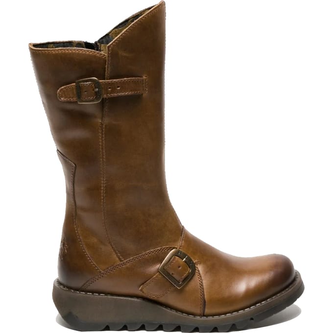 Fly London Dames Camel MES 2 Wedge Heel Buckle Mid-Calf Leren Zip Platform Laarzen