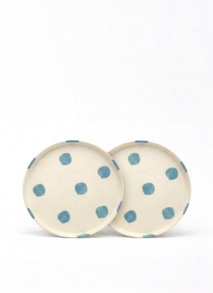 vtwonen - Borden - Lunchbord - Stippen - Blauw - Set van 2 - Keramiek - 20cm