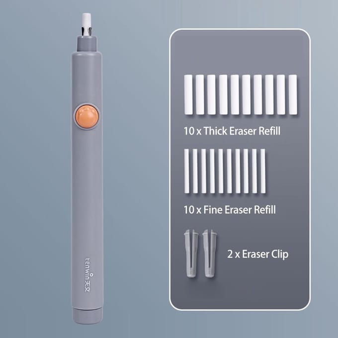 Tenwin – gommes à crayon électriques rechargeables, avec 20 recharges de gomme, commande à un bouton gris