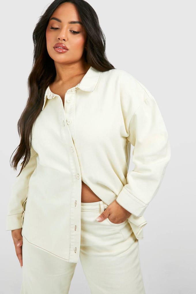 boohoo Dames Plus Denim Overgroot Denim Overhemd | Ecru | Maat: 20