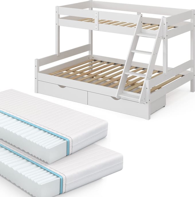 Vitalispa Everest Stapelbed – 140x200 / 90x200 cm met 2 matrassen en 2 laden Wit