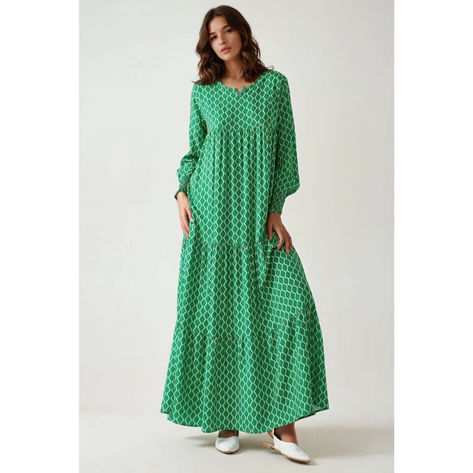 Geprinte Korte Mouw Viscose Maxi Jurk