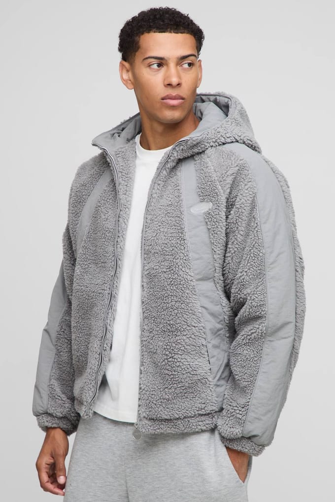 Regular Fit Borg en Nylon Mix Met Capuchon Jas | Grey | Size Small