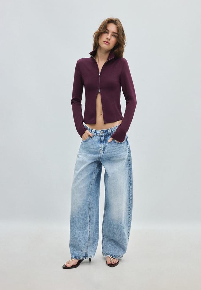 Stradivarius Soft touch getailleerde sweater met rits  Donkerpurper L