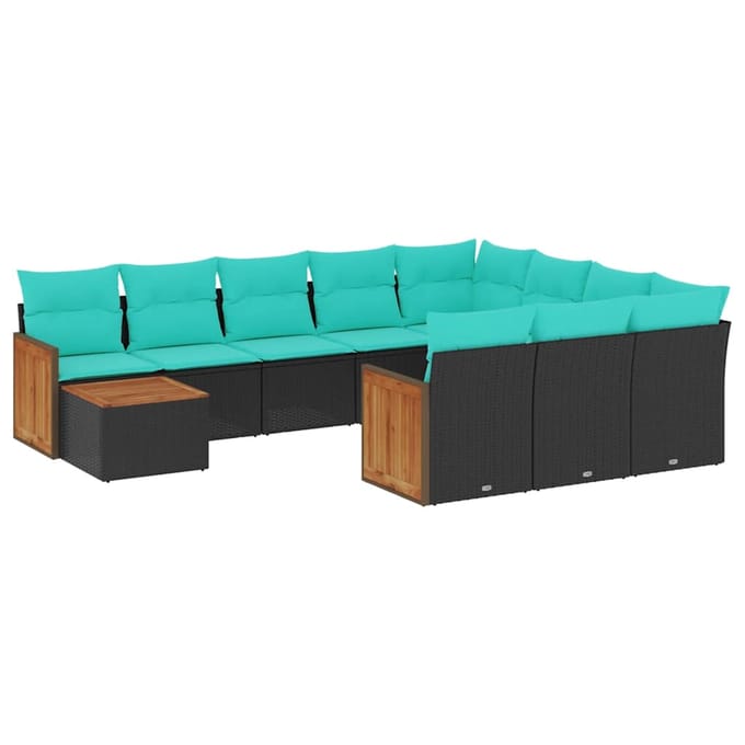 vidaXL - 11-delige - tuinbankset - met - kussens, - zwart - polyrotan