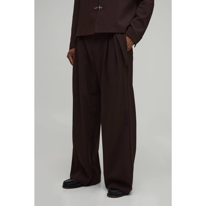 Pantalon De Costume Large À Double Plis Et Ceinture Ajustée | Chocolate | Size 32