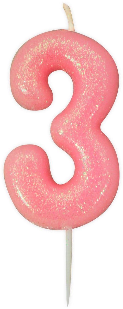 ANNIVERSARY HOUSE - Cijferkaars Leeftijd 3 Roze Iriserend 9 cm met Glitters