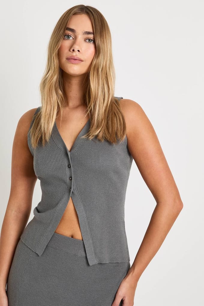 boohoo Dames Chunky Rib V-hals Gebreide Gilet en Maxi Rok Co-Ord | Grey | Maat: Medium