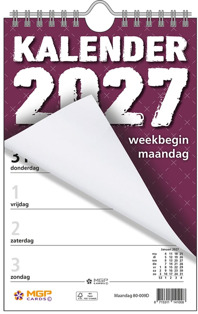 MGPcards - Weekblok met Wire-O binding 2027 - Week begint op maandag - 13,5 x 20,5 cm - Purper