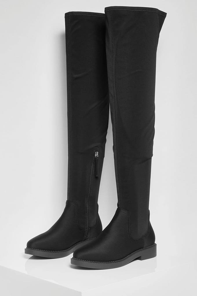 boohoo Dames Flat Stretch Over-de-Knie Laarzen | Black | Maat: 4