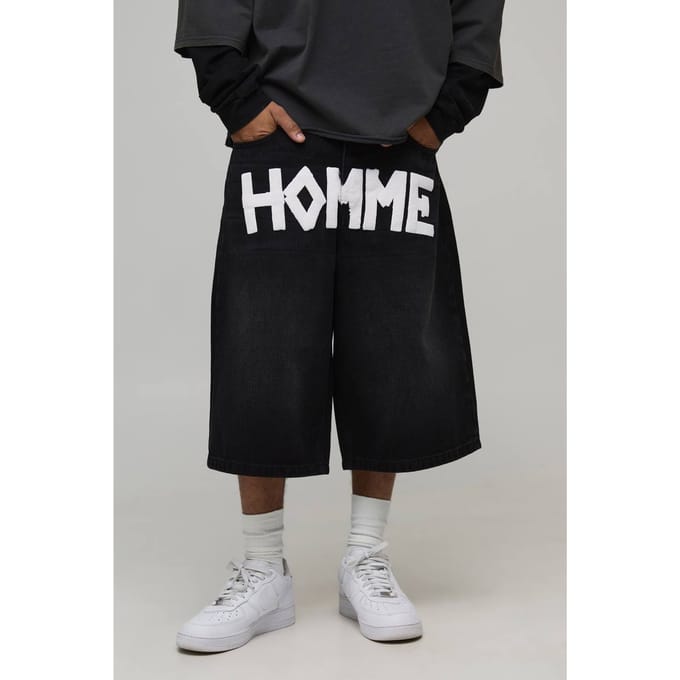 Tape Effect Crotch Print Longline Denim Jorts | Washed Black | Size 48