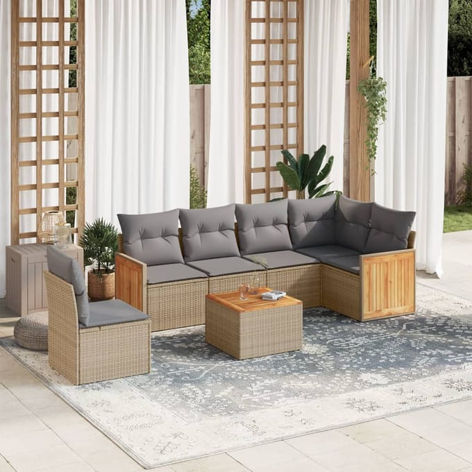 vidaXL - 7-delige - Loungeset - met - kussens - poly - rattan - beige