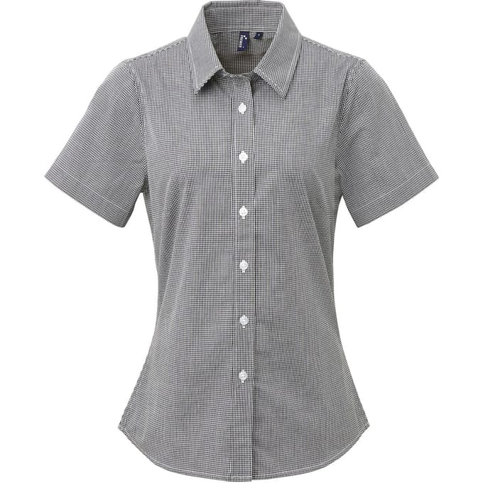 Premier Dames/dames Microcheck Korte Mouwen Katoenen Shirt (Zwart/Wit)