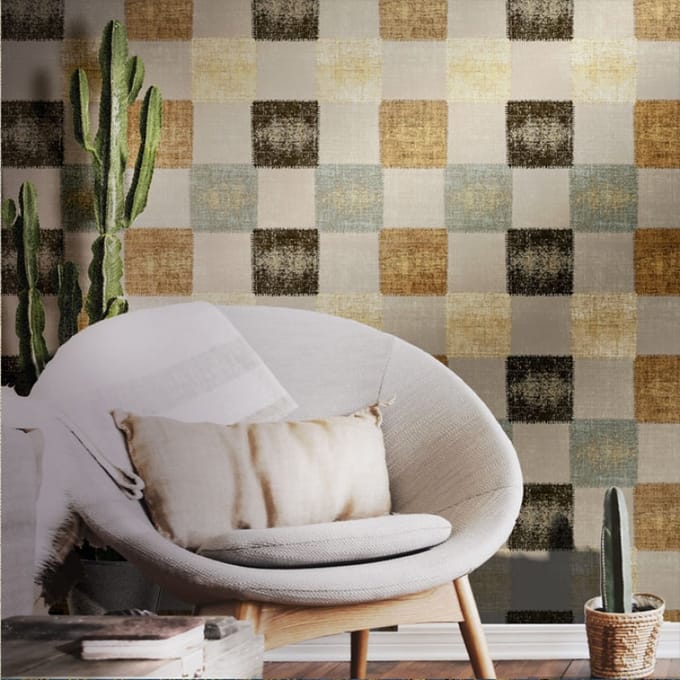 Behang met patchwork vierkantjes - Behang - Muurdecoratie - Wallpaper - Vliesbehang - Zero - 0,53 x 10,05 M.