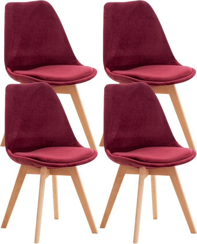 CLP Set van 4 Eetkamerstoelen Linares - met rugleuning - beukenhouten frame - Fluweel/bordeauxrood