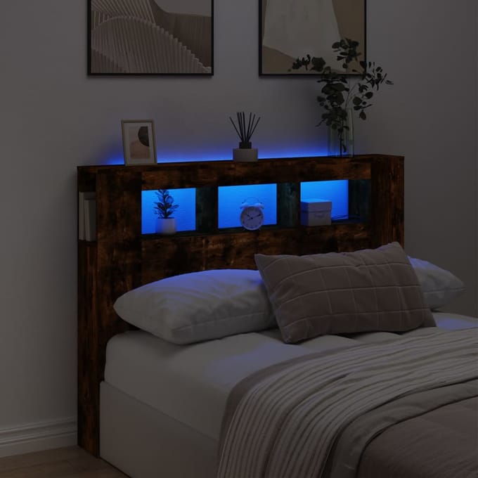 vidaXL - Hoofdeinde - met - LED - 140x18,5x103,5 - cm - bewerkt - hout - gerookt - eiken