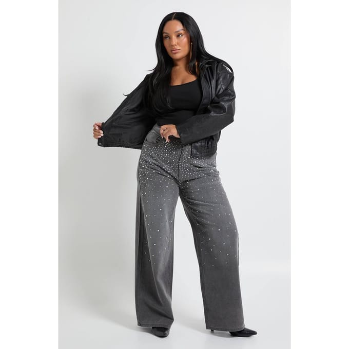 boohoo Dames Plus versierde hoge taille rechte pijp jeans | Grijs | Maat: 44