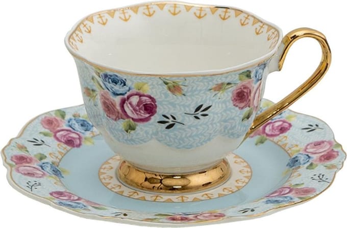 Clayre & Eef Kop en Schotel 160 ml Blauw Wit Porselein Bloemen