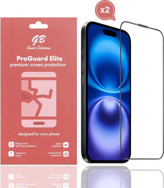 GB ProGuard Elite Screenprotector voor iPhone 16 Plus - 2 stuks – Gehard Glas – Volledige Dekking – Krasbestendig & Schokabsorberend