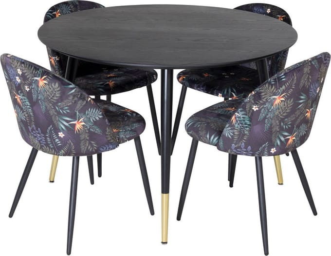 DippØ115BLBR eethoek eetkamertafel zwart en 4 Velvet eetkamerstal velours gebloeid.