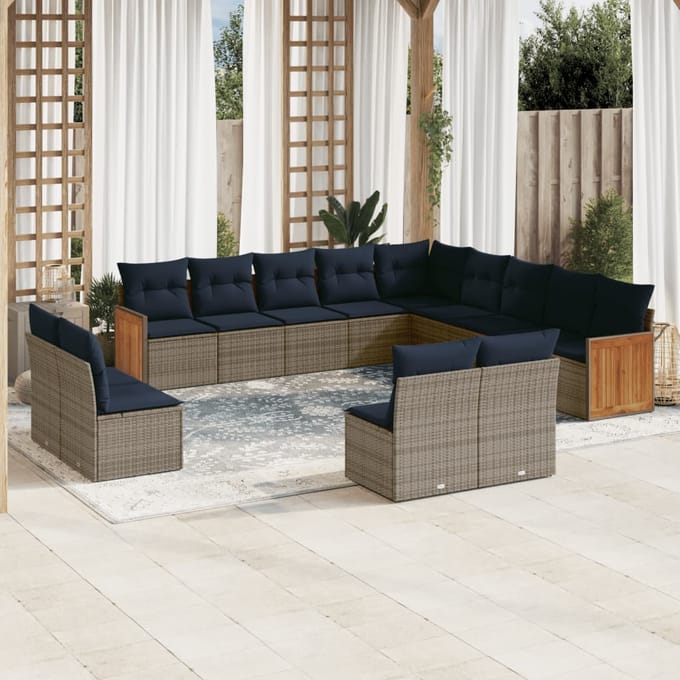 vidaXL - 13-delige - tuinbankset - met - kussens, - grijs - polyrotan