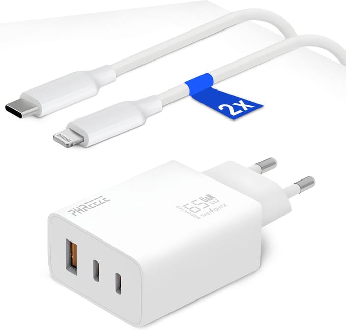 65w usb adapter geschikt voor Apple iPhone 14 / iPhone 13 / iPhone 12 / iPhone 11 / iPhone X + 2x Lightning naar USB-C kabel - 3 poorten usb & usb C oplaadstekker